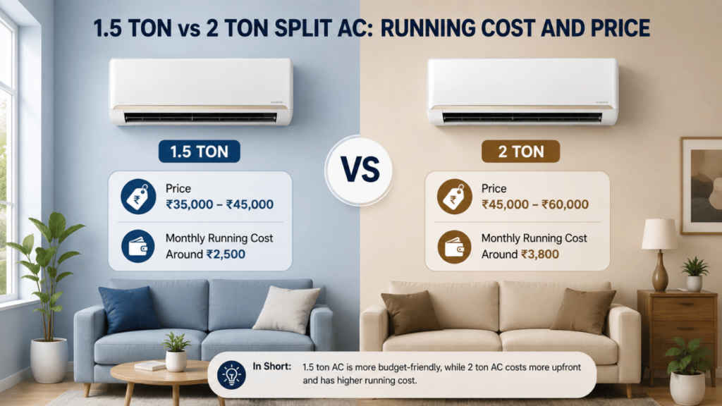 1.5 ton vs 2 ton split AC Running cost and price