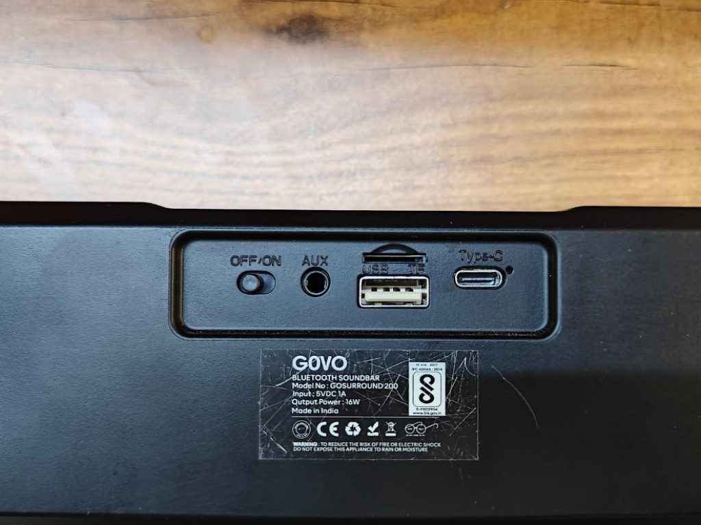 Rear view showcasing connectivity ports of the GOVO Gosurround 220 Soundbar.