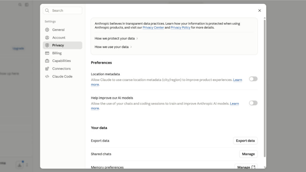 2. Disable Help Improve Claude for private conversations