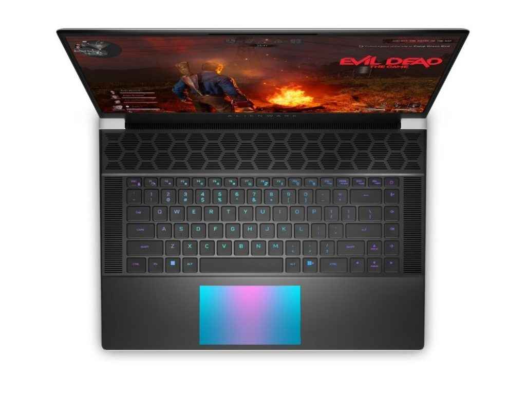 Alienware X16 R1 Review - Laptop Over The Top View Showcasing Keyboard, RGB illuminated touch pad and rest of the design