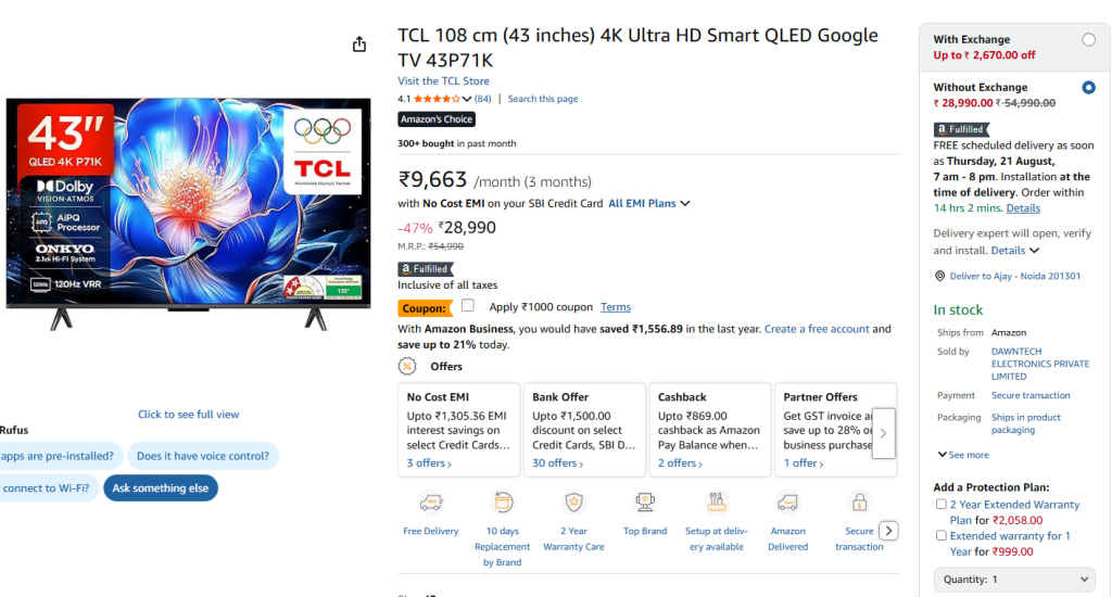 43 Inch 4K Google Smart TV on Amazon