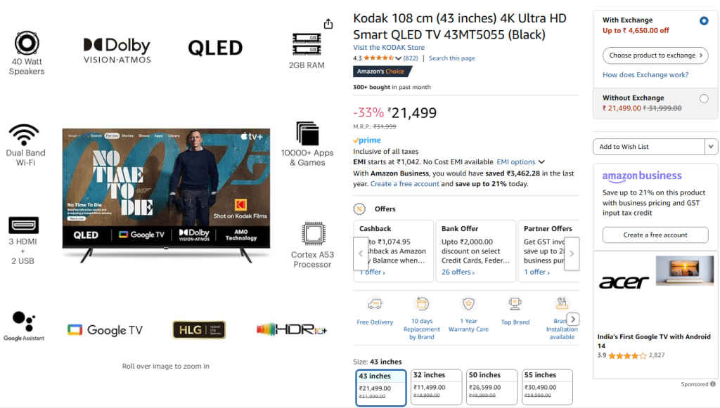 43 Inch 4K QLED Dolby Atmos Smart TV