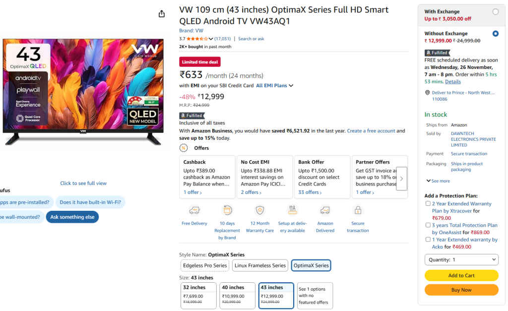 43 Inch QLED Smart TV in Amazon