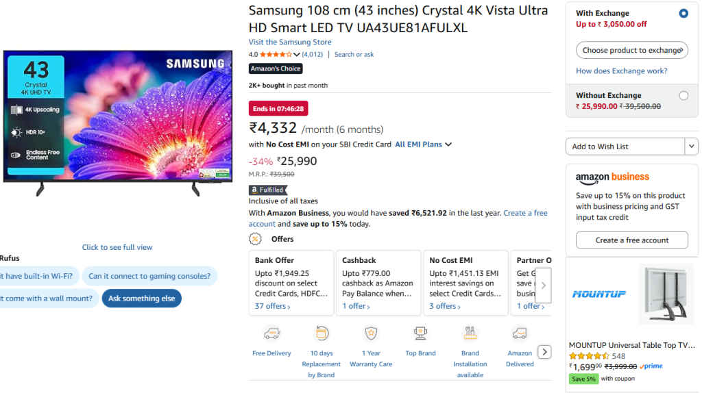 Samsung 43 inches Crystal 4K Vista Series Smart TV