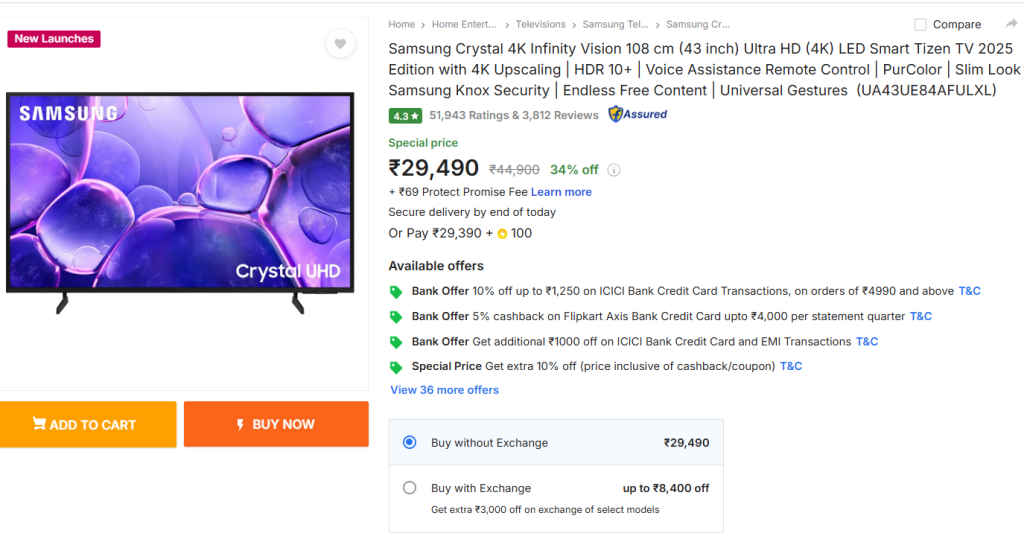 43 Inch Smart TV in Flipkart