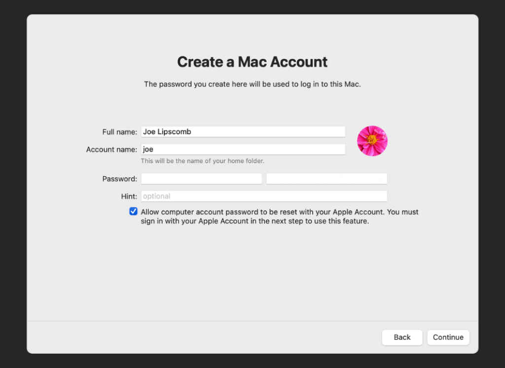 setup mac using IPHONE and IPAD - step 5 create a Mac account