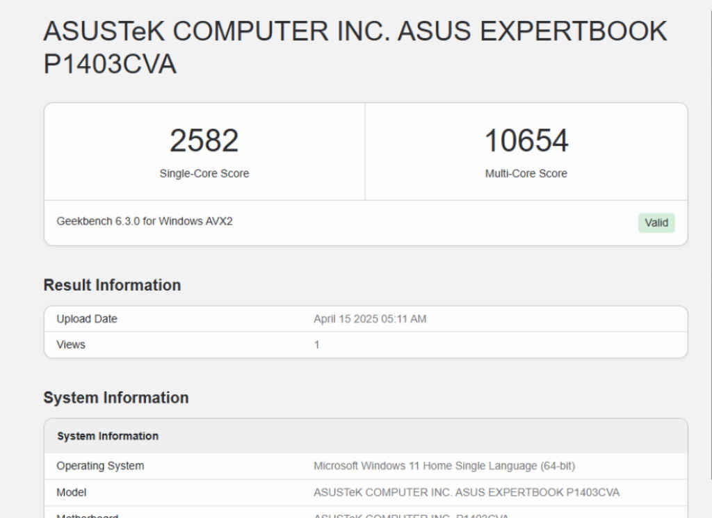 ASUS ExpertBook P1 First Impressions: Laptop's Core i7-13620H Geekbench 6 Score