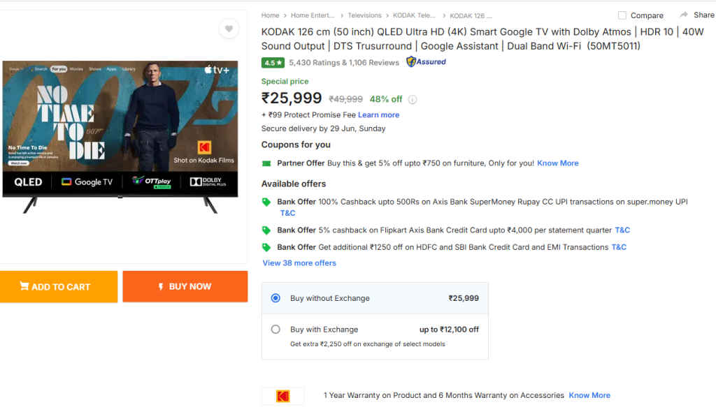 50 Inch Best QLED Smart TV at Rs.25000