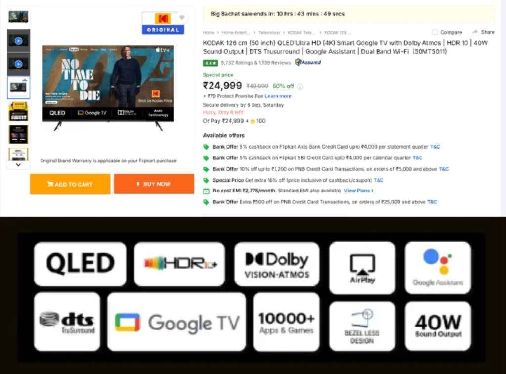 50 inch QLED Smart Tv Deal on flipkart