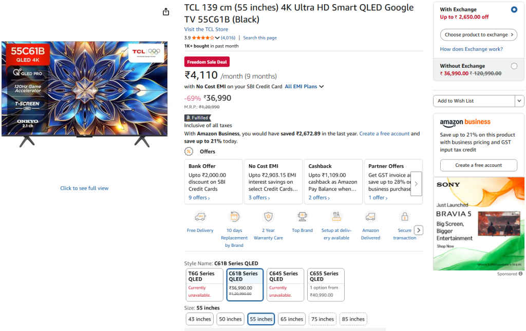 55 inch 4K Smart TV with Dolby Atmos