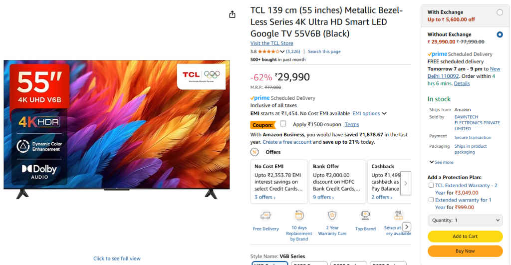 55-inch Smart LED Google TV in Amazon