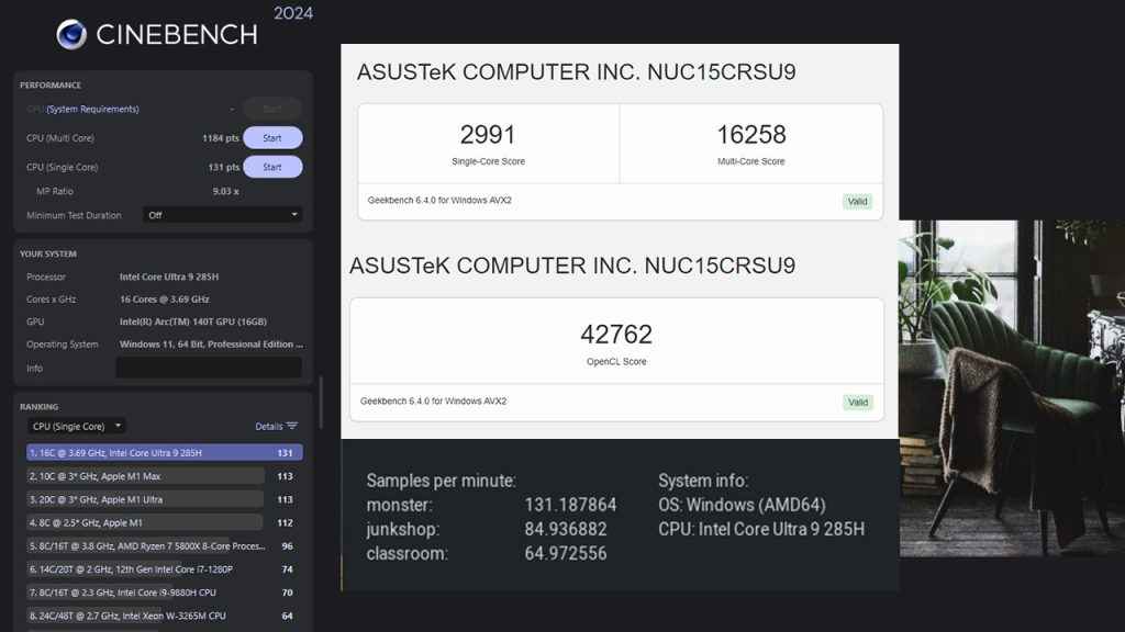ASUS NUC 15 Pro+ Performance Cinebench Geekbench Blender