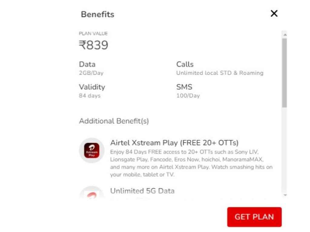 Airtel ரூ,839  பிளான்