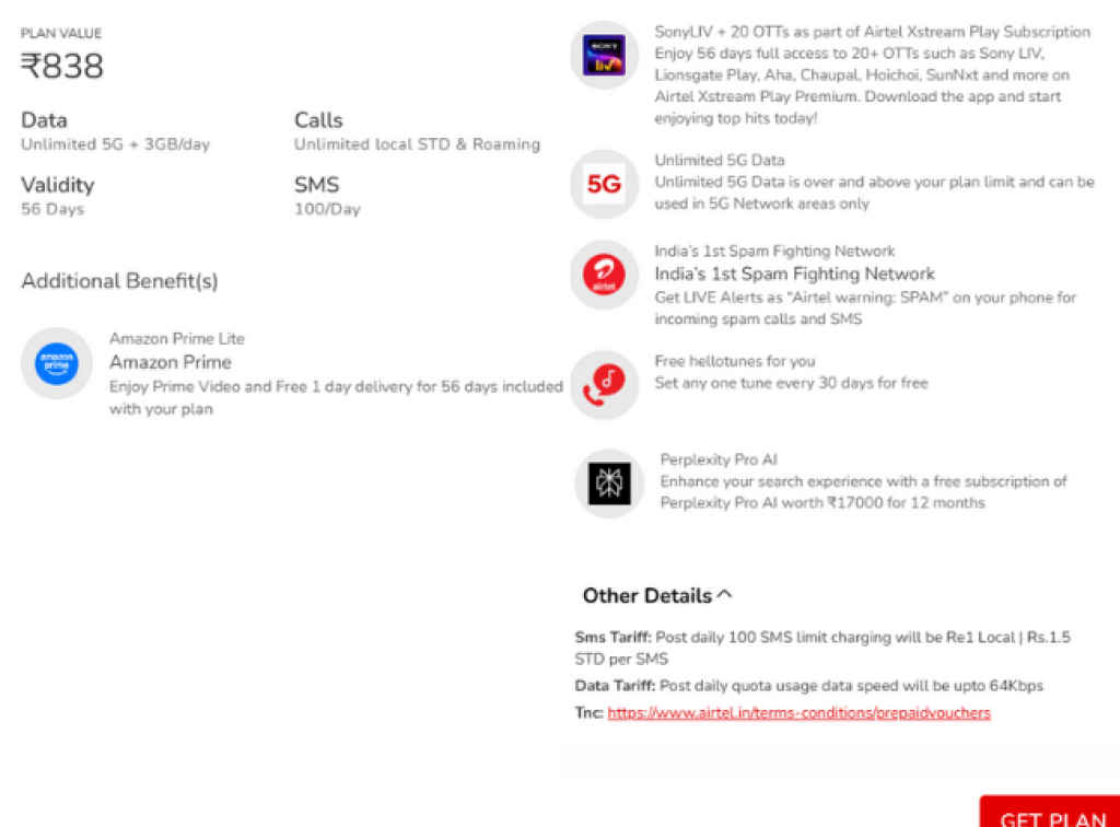 Airtel ₹838 plan offers