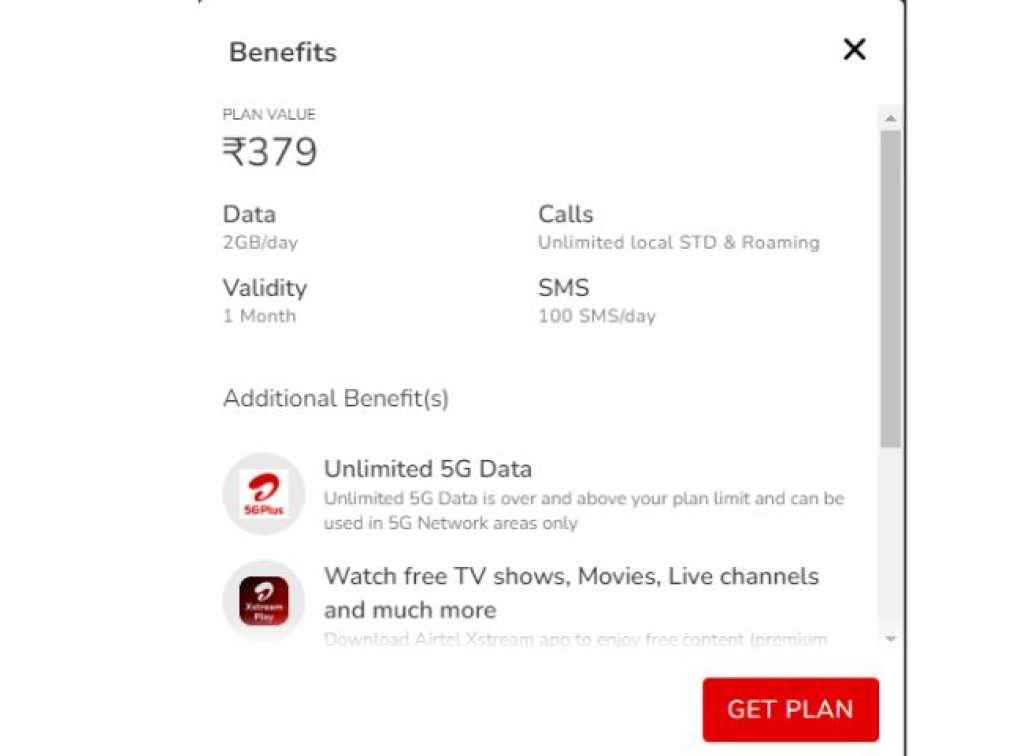 airtel  ரூ,379  prepaid plan 