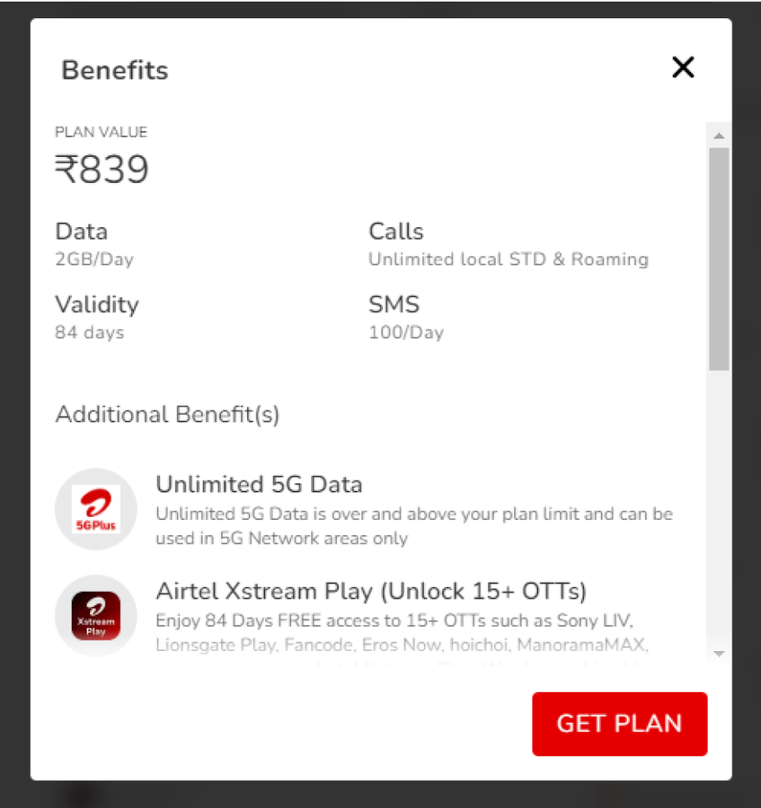 Airtel 839 recharge plan with Airtel Xstream benefit