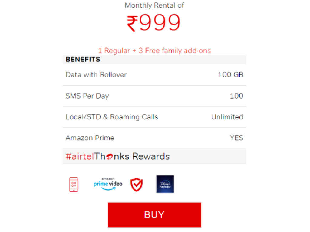 Airtel 999 Postpaid Plan offer 4 Connection in One recharge