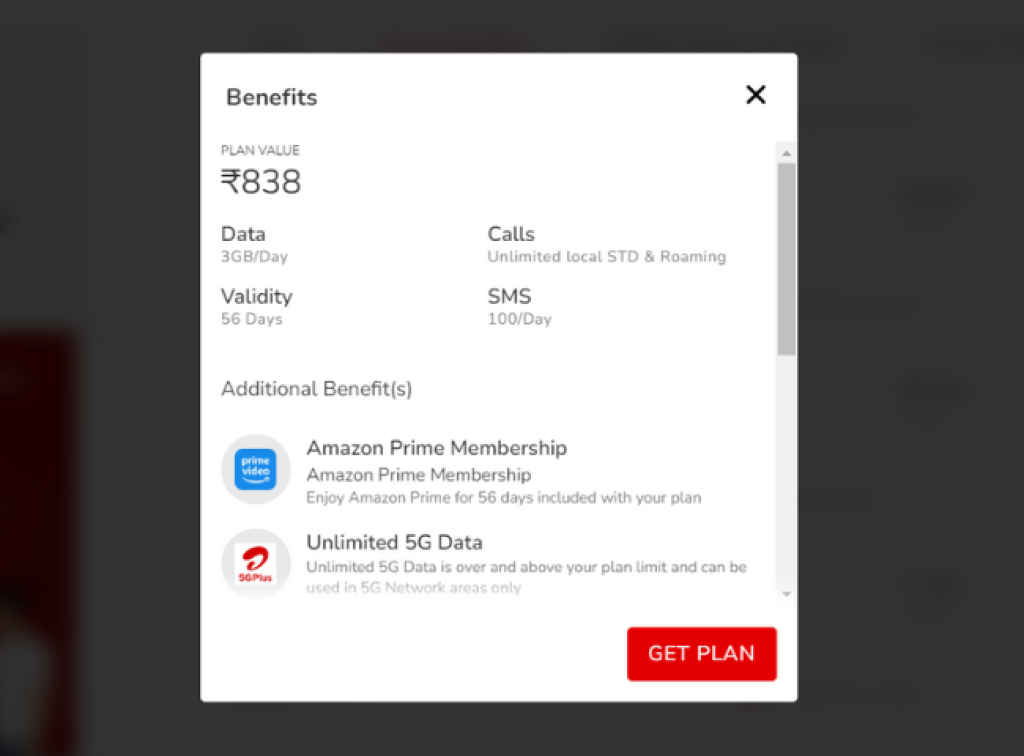 Airtel Rs 838 prepaid plan