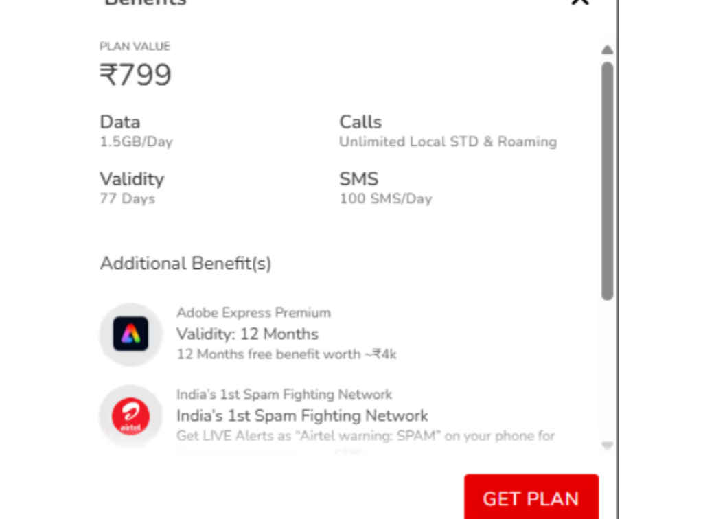 Airtel affordable Rs 799 recharge plan