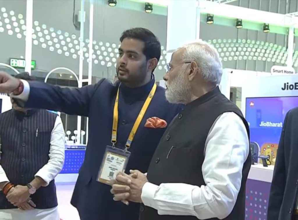 Akash Ambani showcasing Jio Space Fiber to the Honourable Prime Minister of India Shri Narendra Modi