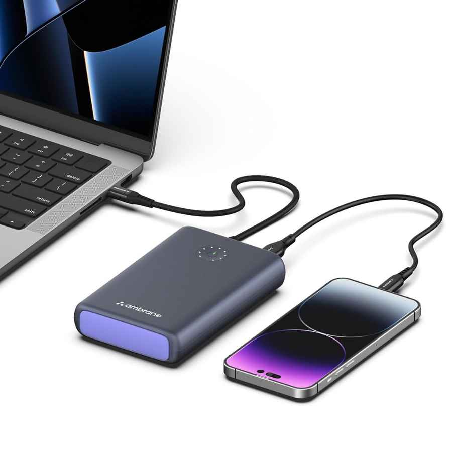 Ambrane 85W Fast Charging Powerbank for MacBook, Type C Laptop & Mobile Charging, 20,000mAh Battery, Triple Output, Power Delivery & Quick Charge (Powerlit Ultra lite, Black)