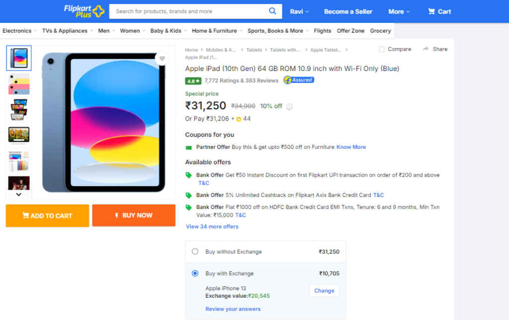 Apple iPad 10th Gen (64GB, Wi-Fi) Flipkart 