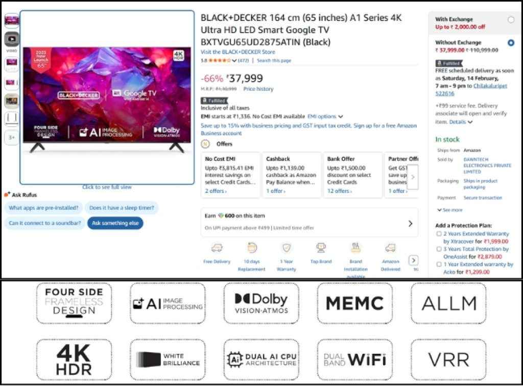 BLACK+DECKER (65) Dolby Vision Smart Tv offer on amazon 