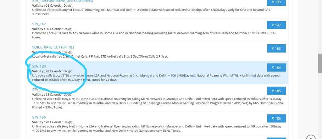 BSNL 184 Plan details