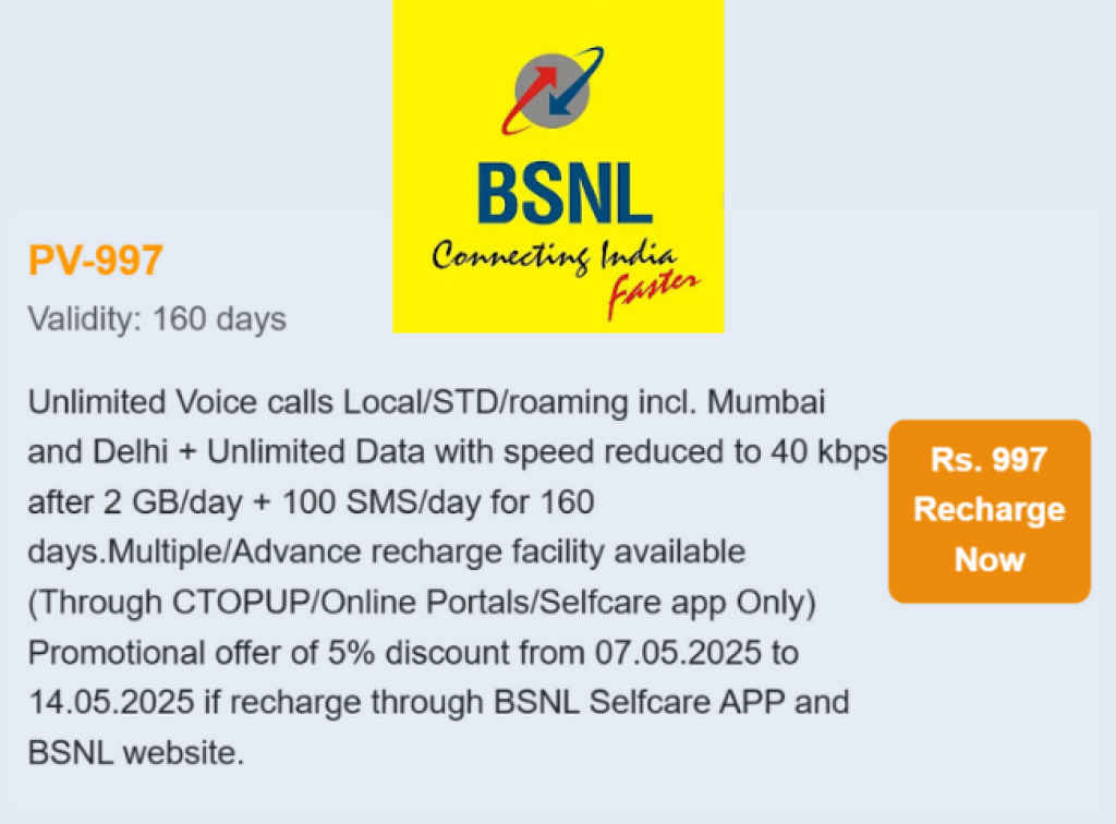 BSNL 997 Recharge Plan - BSNL 6 Months Plan
