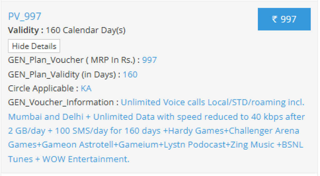 BSNL 997 prepaid plan offers daily 2GB data for 160 days