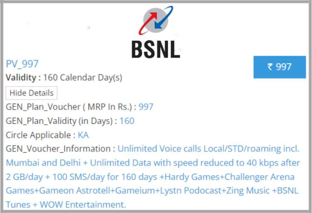 BSNL PV_997 Recharge Plan