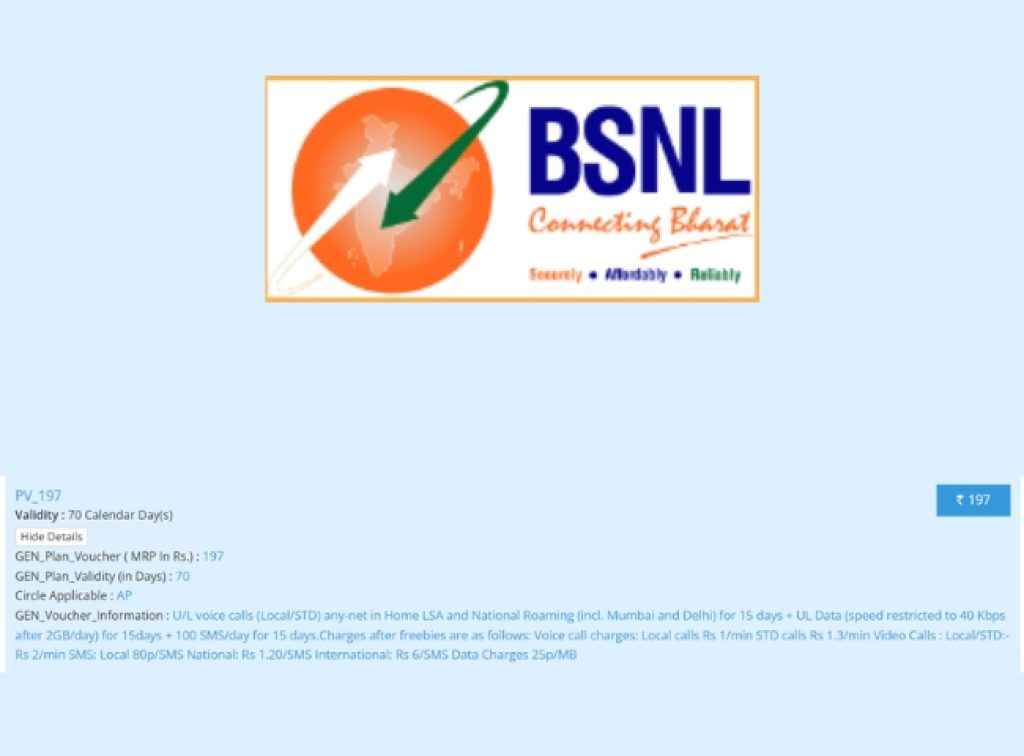 BSNL Rs. 197 Prepaid Plan