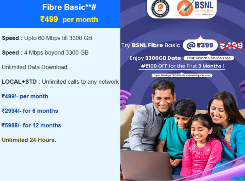 BSNL's Rs. 499 Fiber plan Details - 3300GB data