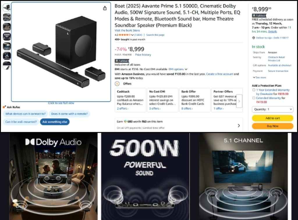 Boat 5.1 Dolby Soundbar deal on amazon epl sale