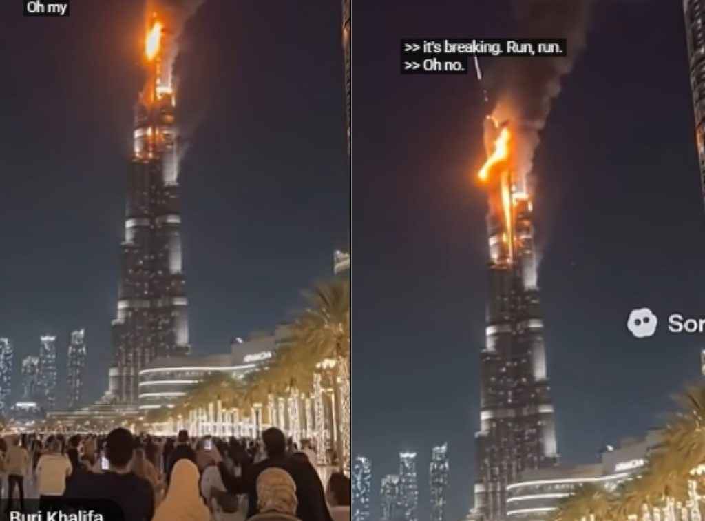 Burj Khalifa fire fake AI video screenshot with smoke and explosions