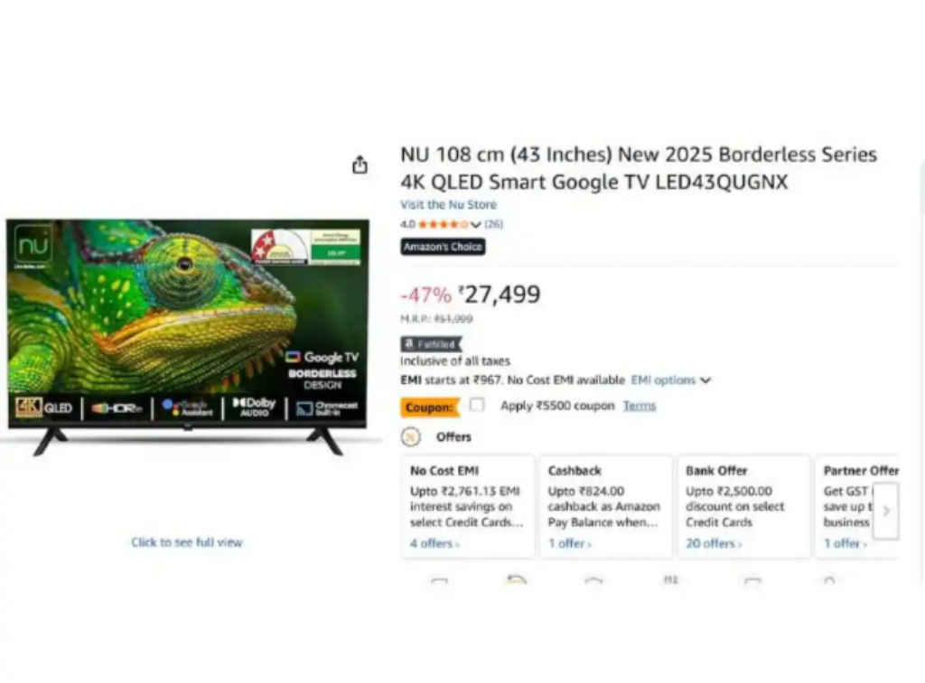 Buy NU QLED Smart TV with instant rs 5500 coupon discount on amazon