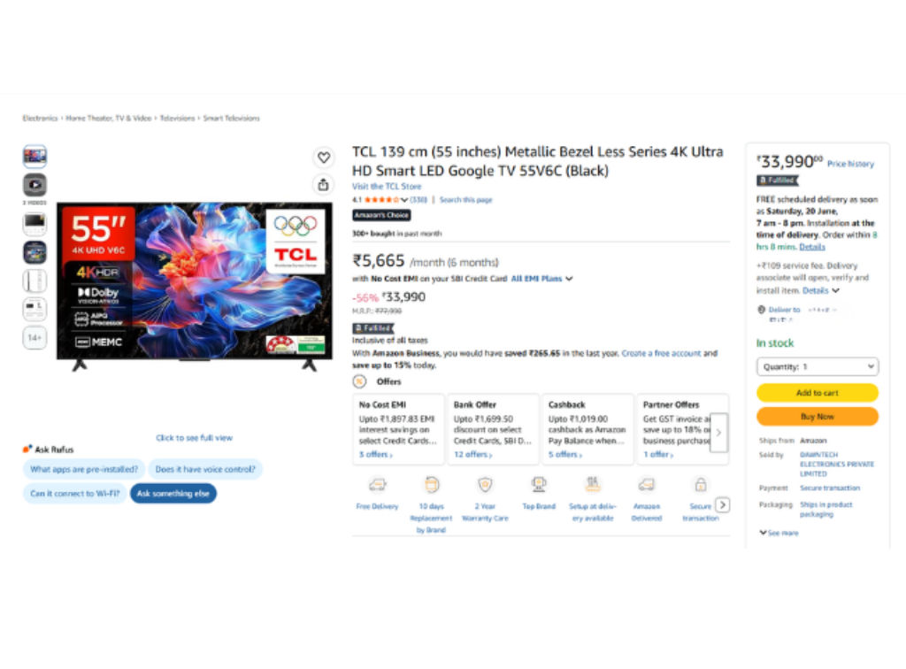 Buy TCL 55 inch 4K Ultra HD Smart LED TV lowest price discount