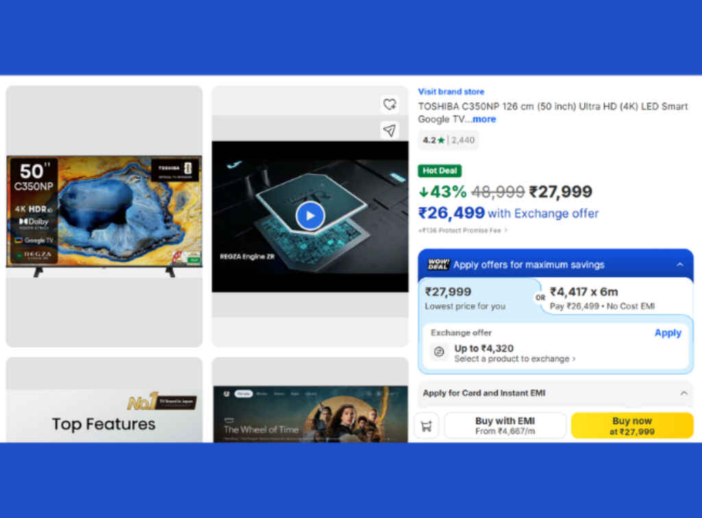 Buy TOSHIBA 50 inch 4K LED Smart Google TV at Lowest price on Flipkart