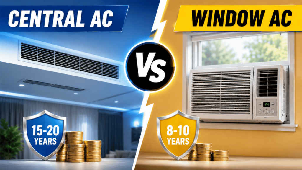 Central AC vs window AC Lifespan and cost