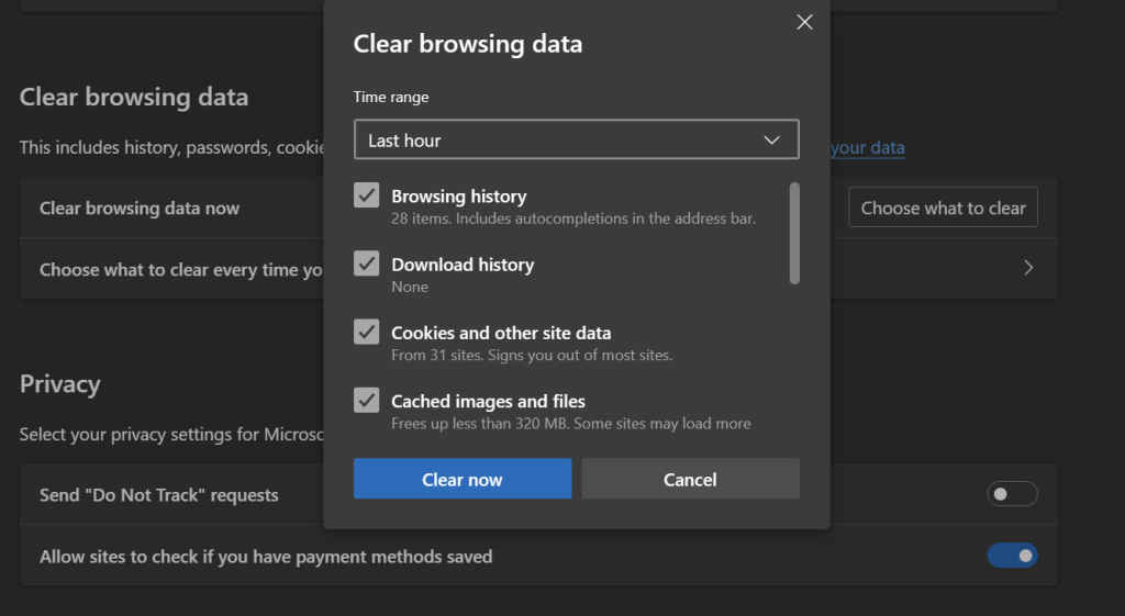 Clearing browsing data on Windows on a High-End Laptop