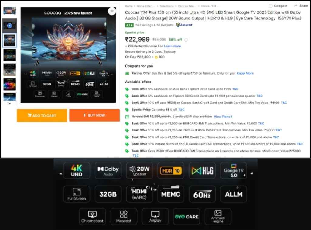 Coocaa (55) 4K Smart Tv Flipkart Sale