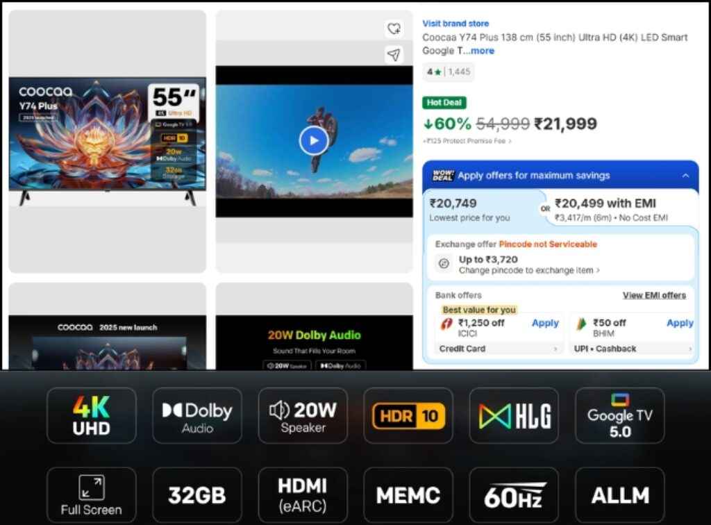 Coocaa 55 inch 4K Smart Tv deal on flipkart