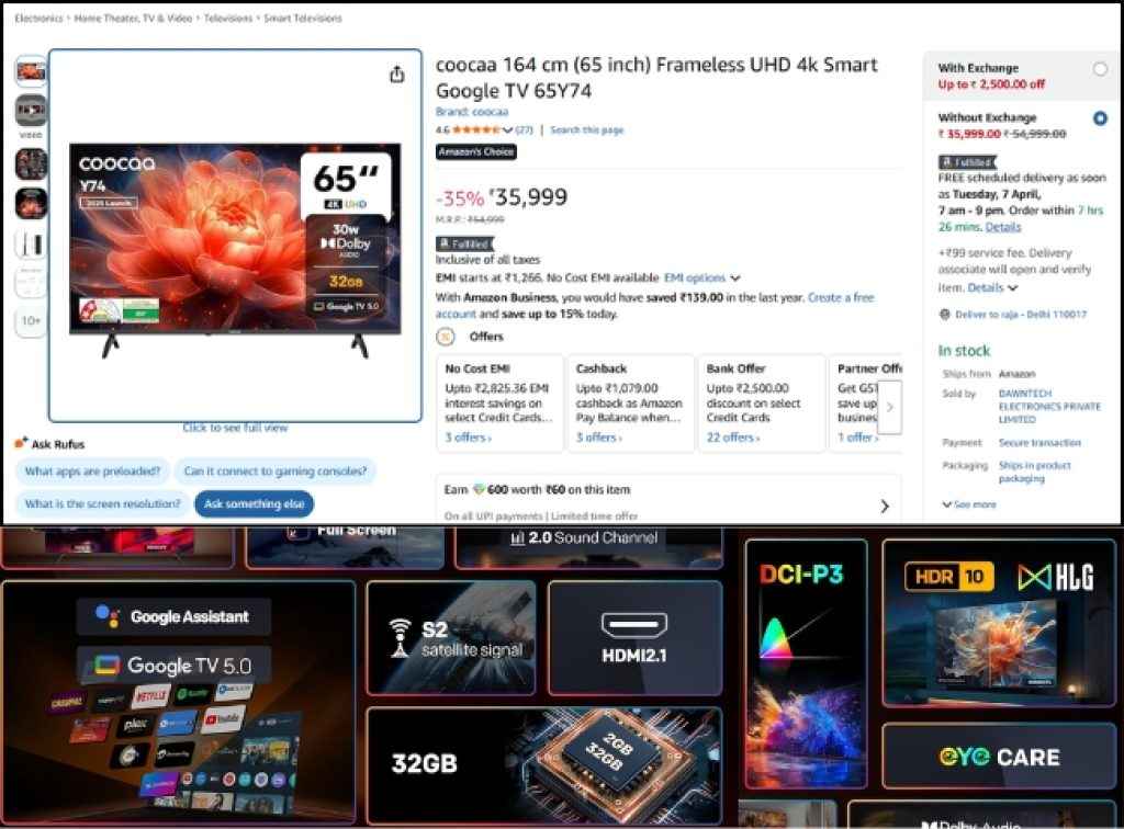 Coocaa 65 inch Smart TV deal on amazon