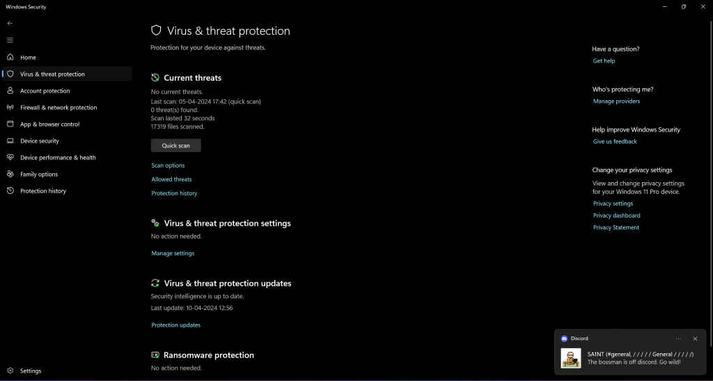 Antivirus software under the Virus and Threat Protection section in Windows 11 High-End Laptop