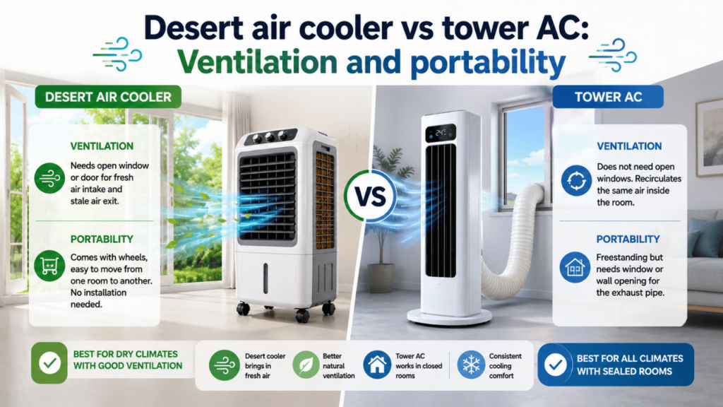 Desert air cooler vs tower AC Ventilation and portability