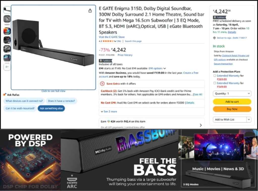 E GATE 300W Dolby Soundbar deal on amazon