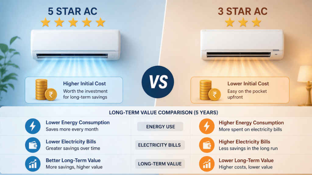 Five star AC vs three star AC Cost and long-term value