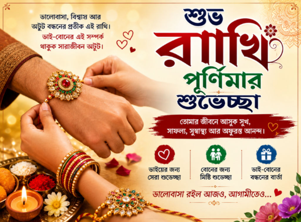 Happy Raksha Bandhan 2026 Wishes Bengali Quotes greeting images messages share on WhatsApp Facebook Instagram