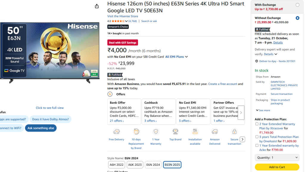 Hisense 50 inches E63N Series 4K Google Smart TV