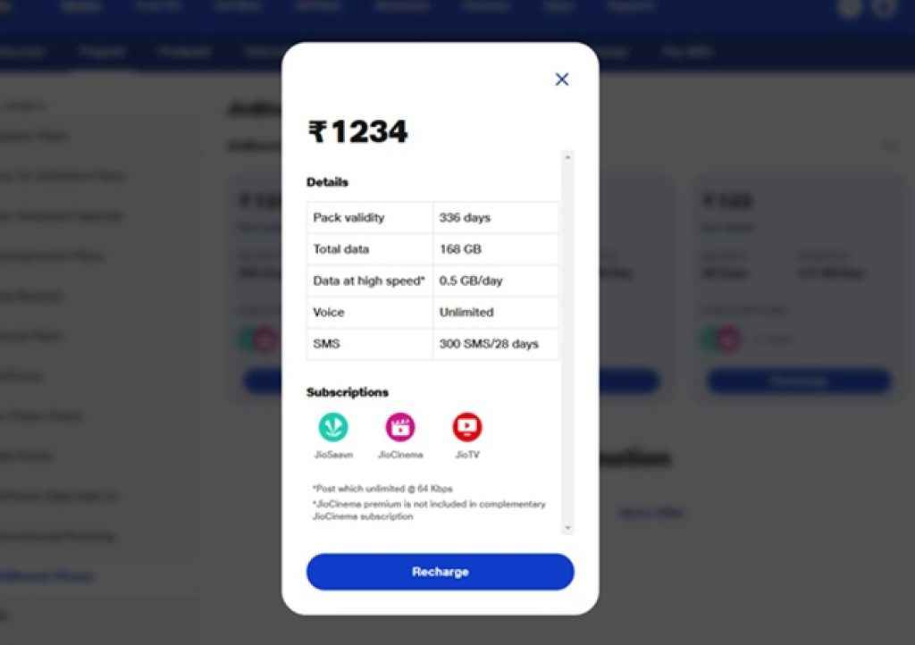 Jio 1234 recharge plan with 336 days validity